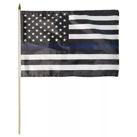 Usa Thin Dark Blue Line Police 12X18 12"X18" Stick Flag - 24" Wood Staff (Ram)