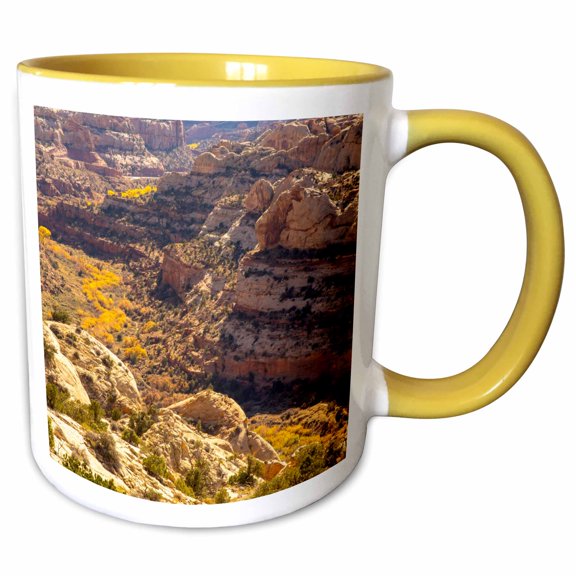 3drose, Usa, Utah, Grand Staircase Escalante Monument. Cliff and Cottonwoods, 15oz Two-tone Yellow Mug