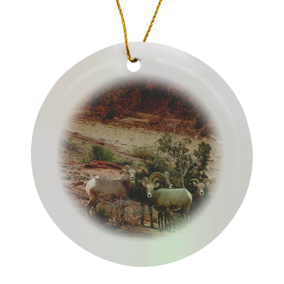 3drose, Usa, Utah, Zion Np, Big Horn Sheep Gathered on Rocky Ledge in Autumn., Circle Porcelain Ornament