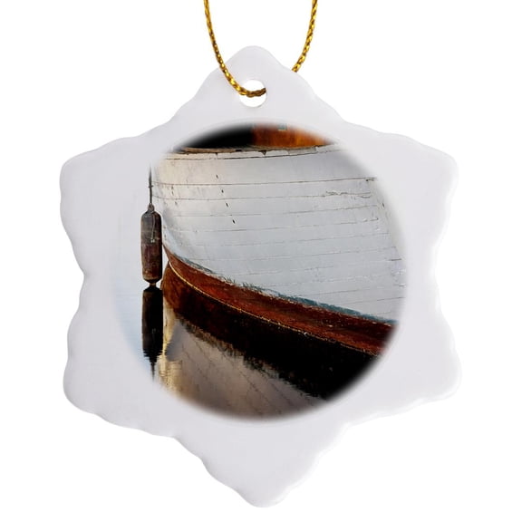 3drose, Usa, Wa, Seattle. Wooden Boat Reflects on Lake, 3 inch Snowflake Porcelain Ornament