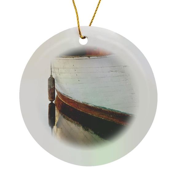 3drose, Usa, Wa, Seattle. Wooden Boat Reflects on Lake, Circle Porcelain Ornament