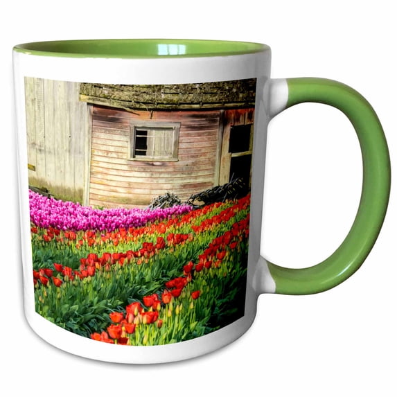3drose, Usa, Wa, Skagit Valley. Tulip Field and Barn, 11oz Two-tone Green Mug