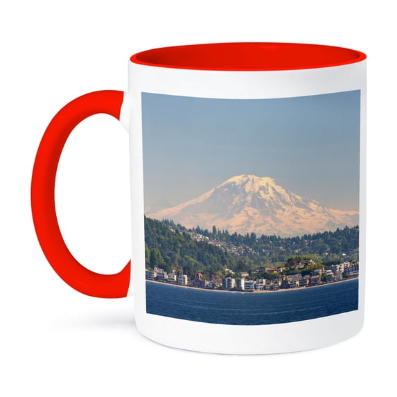 3dRose, USA, Washington, Seattle. Mount Rainier beyond and Alki Beach., 11oz Two-Tone Red Mug