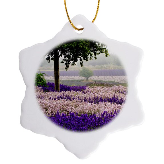 3drose, Usa, Washington, Sequim, Lavender Field Blooming with Lone Tree, 3 inch Snowflake Porcelain Ornament