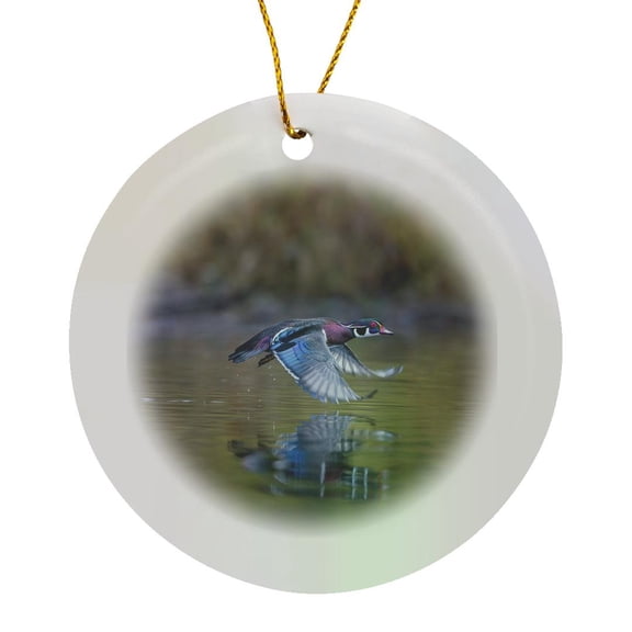 3drose, Usa, Washington State. Adult Male Wood Duck Flies over a Marsh., Circle Porcelain Ornament