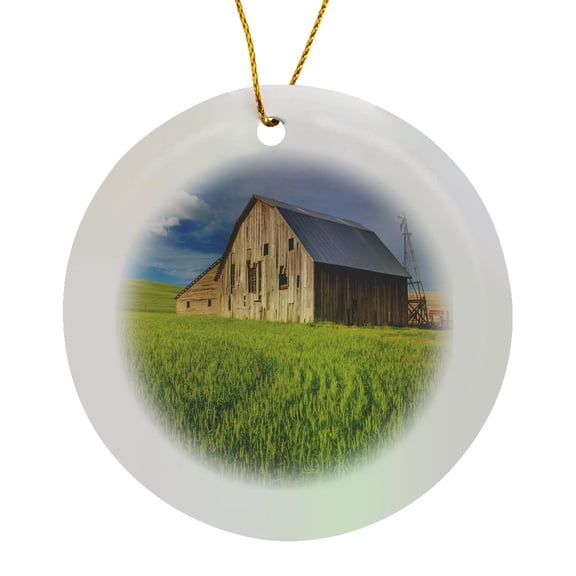 3drose, Usa, Washington State, Palouse. Old Barn in Field of Spring Wheat, Pr., Circle Porcelain Ornament