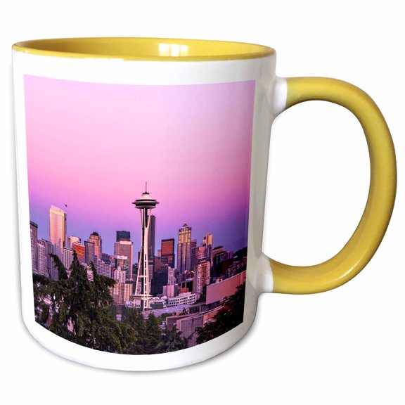 3drose, Usa, Washington State, Pink Seattle Skyline at Dusk, 11oz Two-tone Yellow Mug