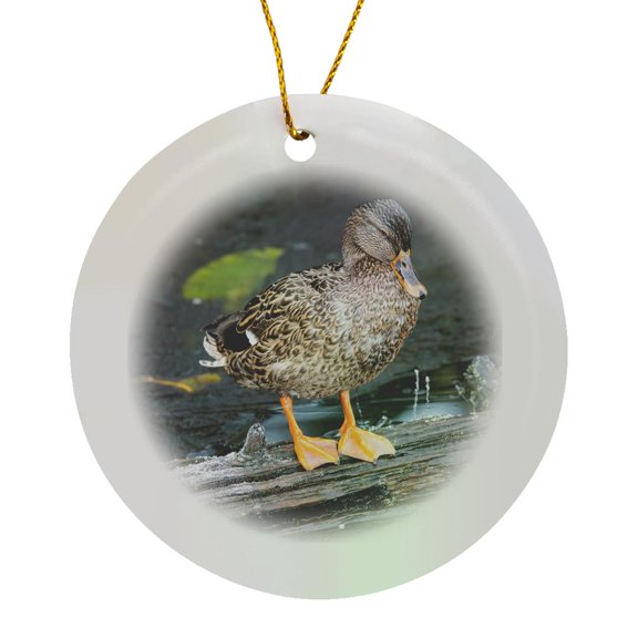 3drose, Usa, Washington State, Sammamish.female Mallard Duck Log, Circle Porcelain Ornament