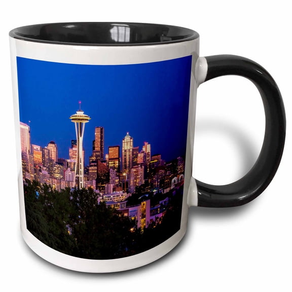 3drose, Usa, Washington State, Seattle, Seattle Skyline at Dusk, 11oz Two-tone Black Mug