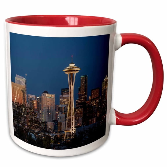 3drose, Usa, Washington State. Seattle Skyline at Dusk., 11oz Two-tone Red Mug