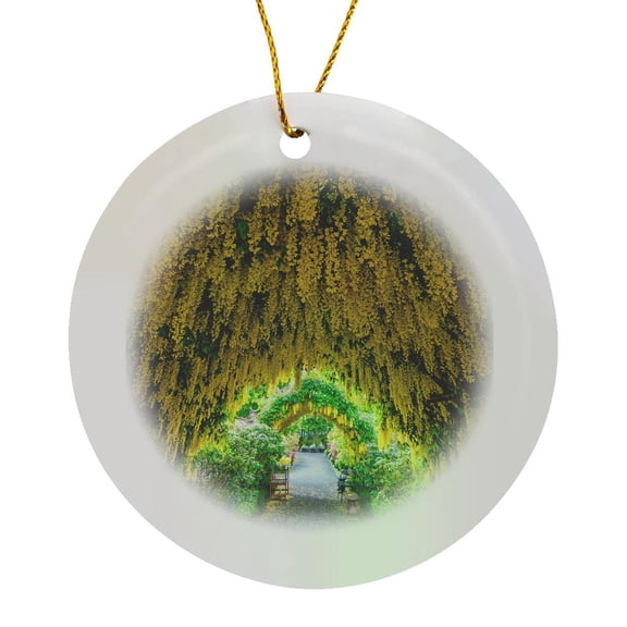 3drose, Usa, Whidbey Island, Langley. Golden Chain Tree on a Metal Frame., Circle Porcelain Ornament