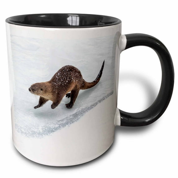 3drose, Usa, Wy, Yellowstone Np. a Northern River Otter Running Along the Ice, 11oz Two-tone Black Mug