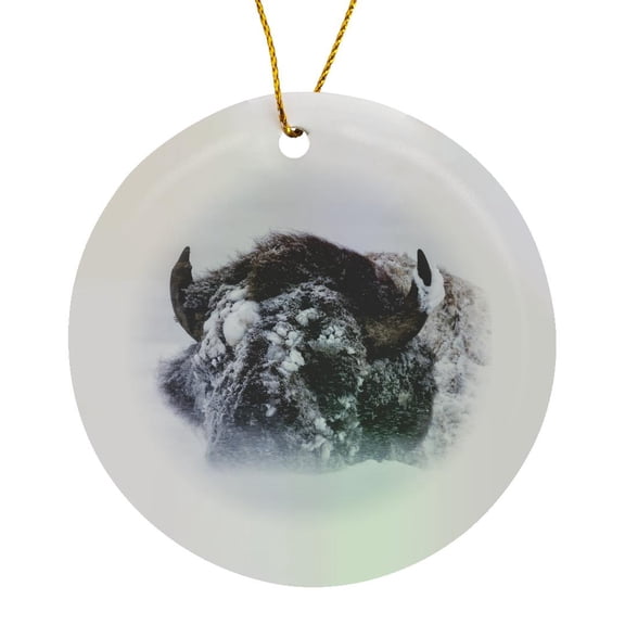 3drose, Usa, Wy, Yellowstone Np. Bison Bull Covered in Windblown Snow., Circle Porcelain Ornament