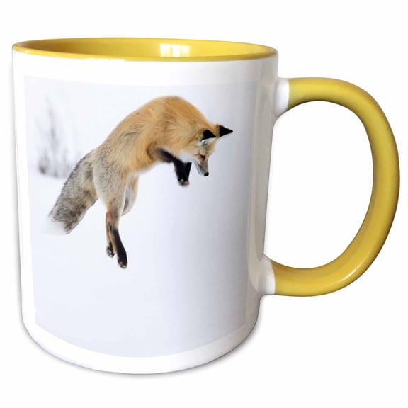 3drose, Usa, Wy, Yellowstone. Red Fox Leaping Through the Snow After Rodent., 11oz Two-tone Yellow Mug