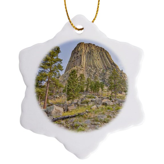 3drose, Usa, Wyoming, Devils Tower Np. Devils Tower Landscape., 3 inch Snowflake Porcelain Ornament