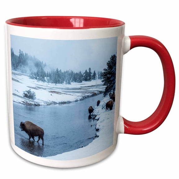 3drose, Usa, Wyoming, Yellowstone Np. Bison in Firehole River in Winter, 11oz Two-tone Red Mug
