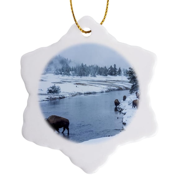 3drose, Usa, Wyoming, Yellowstone Np. Bison in Firehole River in Winter, 3 inch Snowflake Porcelain Ornament