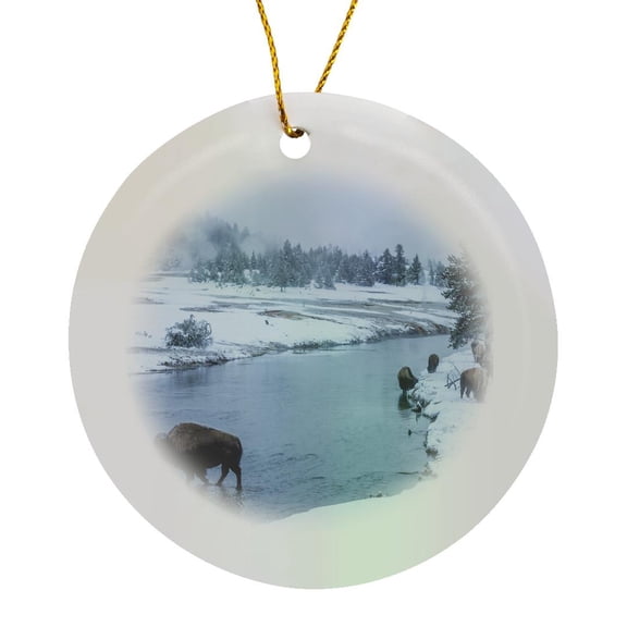 3drose, Usa, Wyoming, Yellowstone Np. Bison in Firehole River in Winter, Circle Porcelain Ornament