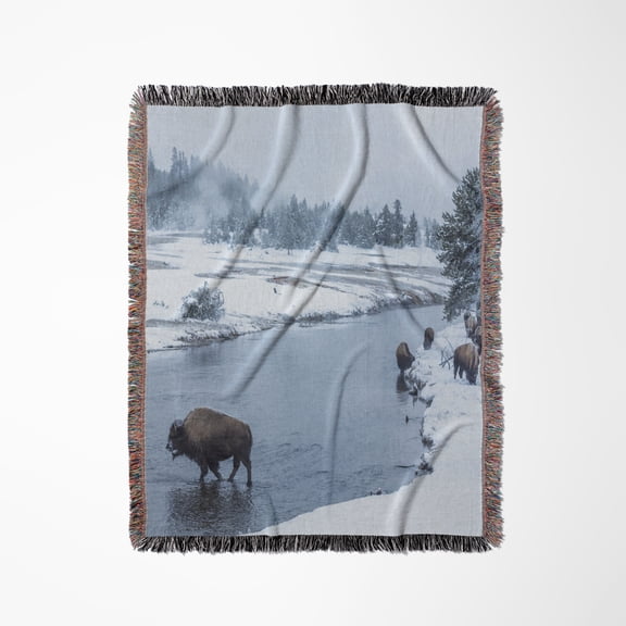 Usa, Wyoming, Yellowstone Np. Bison In Firehole River In Winter, Woven Blanket
