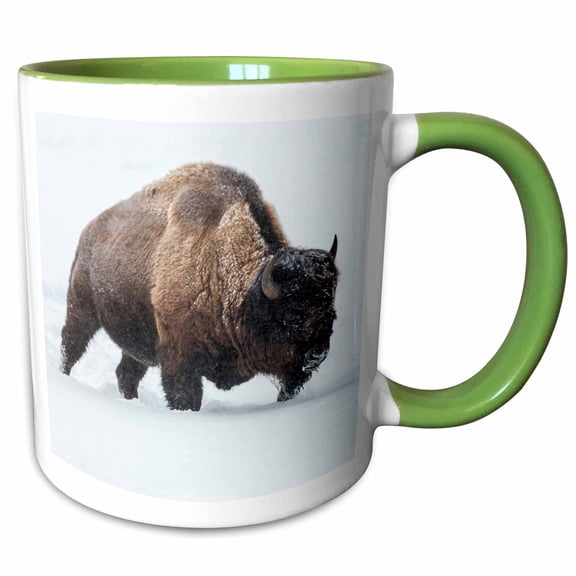 3drose, Usa, Wyoming, Yellowstone Np. Bison Walking in Snow., 11oz Two-tone Green Mug