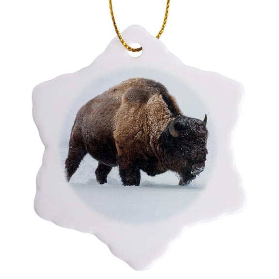 3drose, Usa, Wyoming, Yellowstone Np. Bison Walking in Snow., 3 inch Snowflake Porcelain Ornament