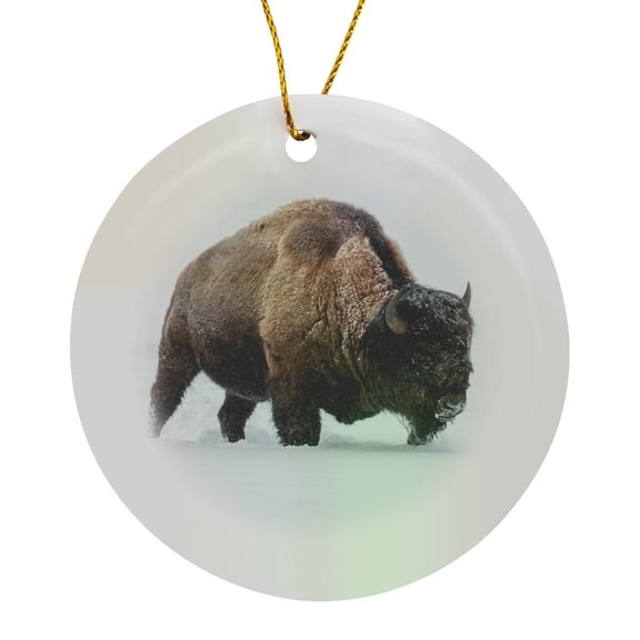 3drose, Usa, Wyoming, Yellowstone Np. Bison Walking in Snow., Circle Porcelain Ornament