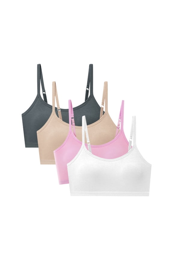 10-18T Girls Adjustable Strap Solid Color Training Bra Sets Wireless Crop Cami Sports Padded Bra, Pack of 4