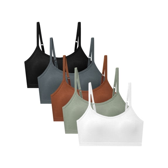 Usaibhir 10-18T Girls Adjustable Strap Solid Color Training Bra Sets Wireless Crop Cami Sports Padded Bra, Pack of 5