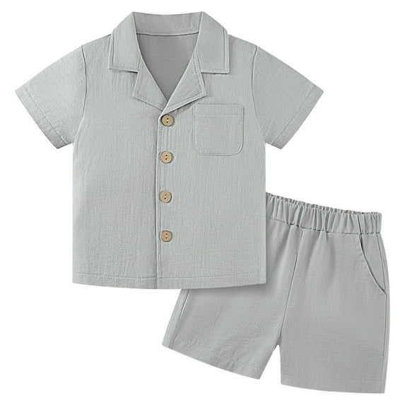 Usaibhir Baby Boy Cotton Linen Shorts Set Solid Color Short Sleeve Flip collar Button Down T-Shirt Tops Summer Outfit Clothes 0-5T