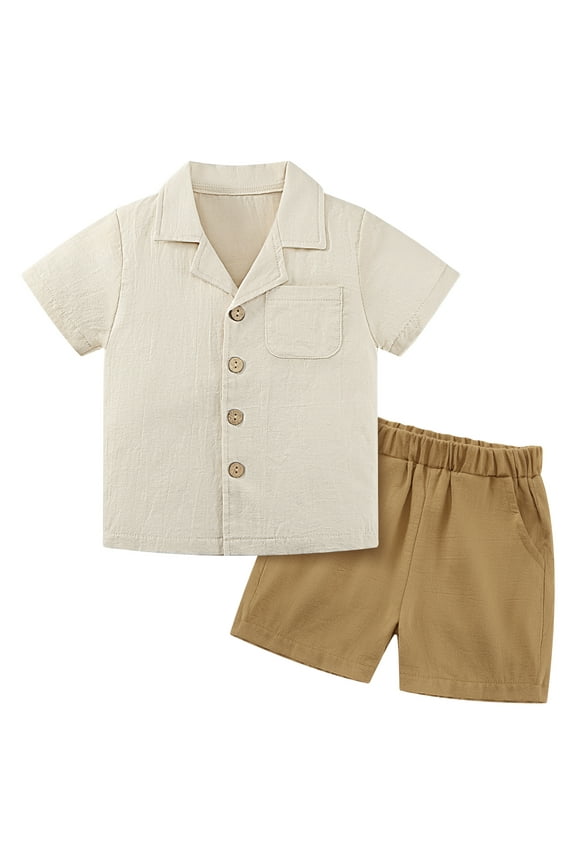 Baby Boy Cotton Linen Shorts Set Solid Color Short Sleeve Flip collar Button Down T-Shirt Tops Summer Outfit Clothes 0-5T