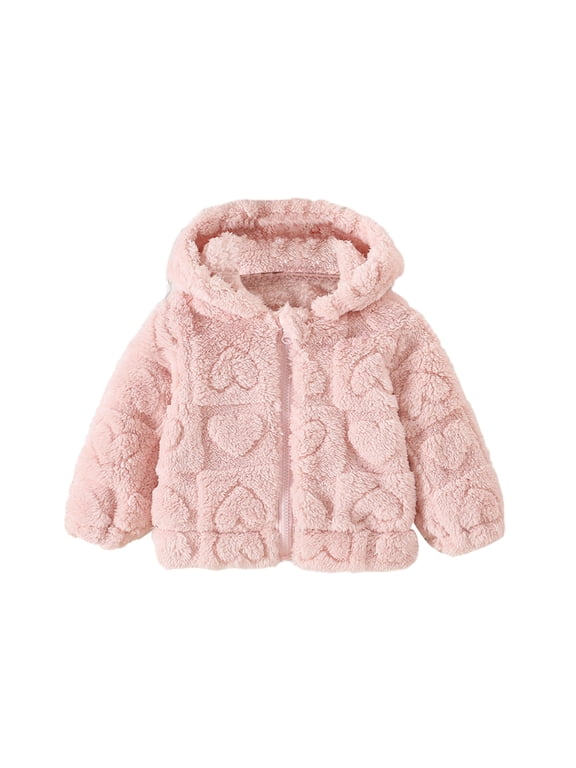 Baby Fuzzy Hooded Jacket, Zip‑Up Plush Fleece Coat for Toddler Girls 9‑24M