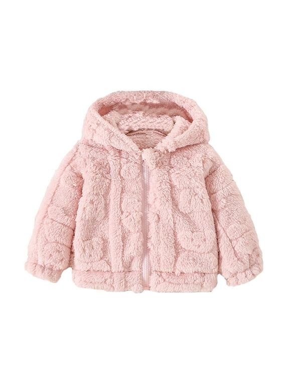 Baby Fuzzy Hooded Jacket, Zip‑Up Plush Fleece Coat for Toddler Girls 9‑24M