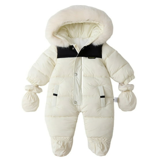 Usaibhir Baby Infant Toddler kids One Piece Soild Color Winter Snowsuit Coat Winter Hooded Collar Zip Up Jumpsuits Unisex + Gloves 3-18M