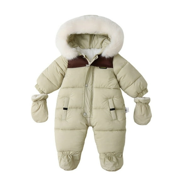 Usaibhir Baby Infant Toddler kids One Piece Soild Color Winter Snowsuit Coat Winter Hooded Collar Zip Up Jumpsuits Unisex + Gloves 3-18M