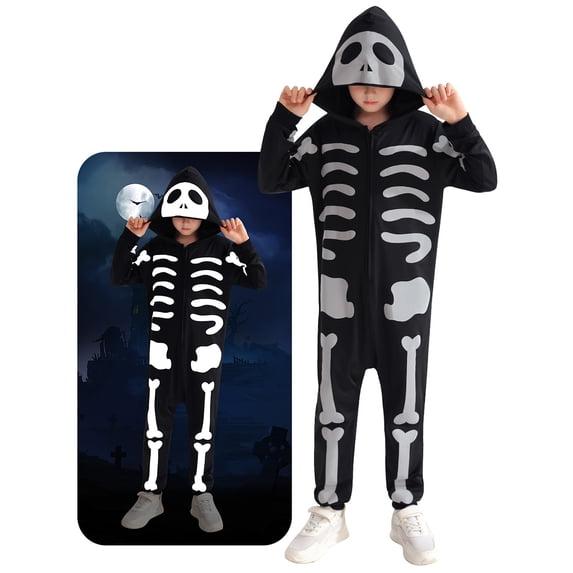 Usaibhir Boys Girls Halloween Skeleton Costume Unisex Comfy Zip Up Jumpsuit Skull Hoodie Cosplay Outfit for Kids 3-12T