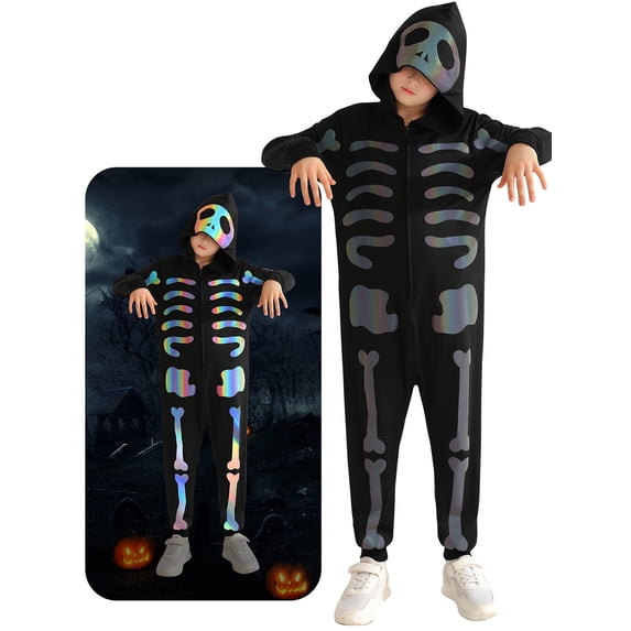 Usaibhir Boys Girls Halloween Skeleton Costume Unisex Comfy Zip Up Jumpsuit Skull Hoodie Cosplay Outfit for Kids 3-12T