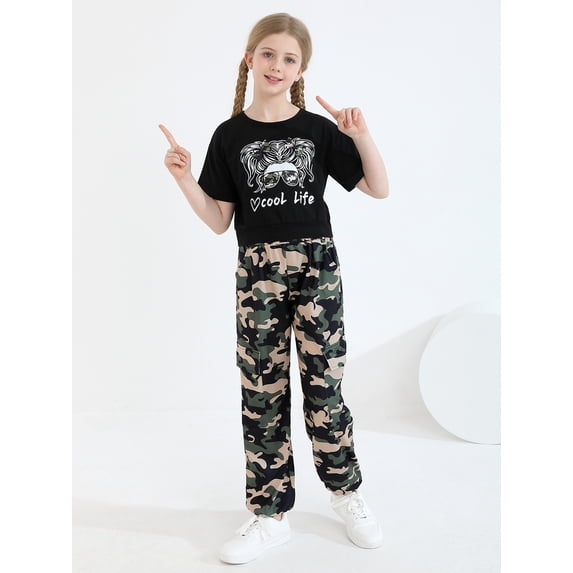 Usaibhir Girl Outfits Short Sleeve Printed Crop Tops + Camouflage Pants 2pcs Summer Clothes Set 7-14T
