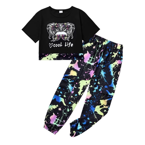 Usaibhir Girl Outfits Short Sleeve Printed Crop Tops + Camouflage Pants 2pcs Summer Clothes Set 7-14T