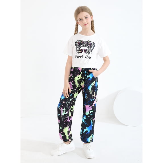 Usaibhir Girl Outfits Short Sleeve Printed Crop Tops + Camouflage Pants 2pcs Summer Clothes Set 7-14T