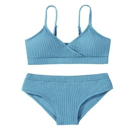 GYRATEDREAM Girl s Cute Two Piece Ribbed Swimsuit Adjustable Spaghetti Strap Wireless Bikini Set 8 13 Years