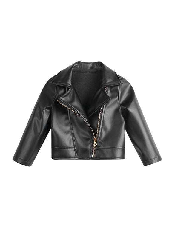 Girl's Fax PU Leather Jacket Zip Up Long Sleeve Collared Biker Outerwear Lightweight Coat Streetwear 2-8T
