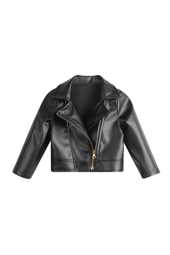 Girl's Fax PU Leather Jacket Zip Up Long Sleeve Collared Biker Outerwear Lightweight Coat Streetwear 2-8T