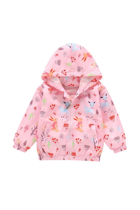 Girls Cartoon Print Hooded Windbreaker Lightweight Jacket with Zipper Cute Long Sleeve Coat for Kids 2-10Y