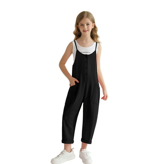 Usaibhir Girls' Casual Sleeveless Jumpsuits Loose Spaghetti Strap Romper Long Pants Kids V-Neck Overalls with Pockets