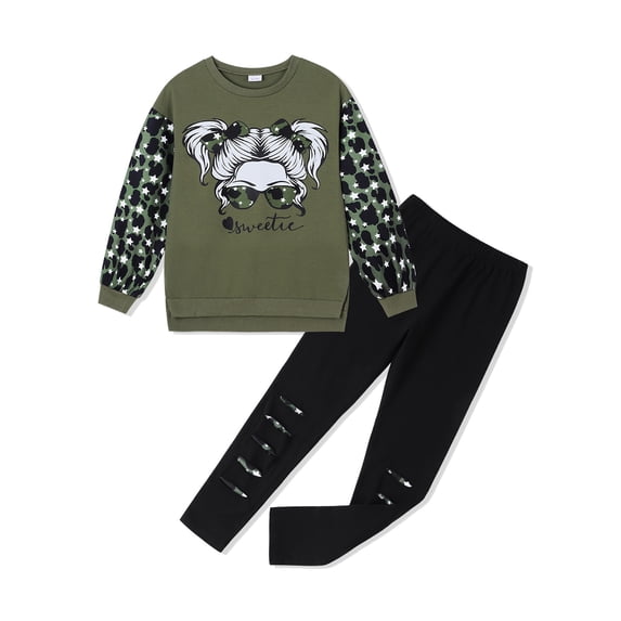 Usaibhir Girls Clothes Girl Print Long Sleeve Pullover Sweatshirt and Leggings 2PC Girls Outfits Fall 6-14T