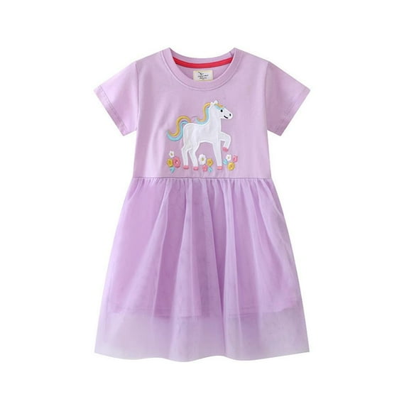 Usaibhir Girls Cotton Short Sleeve Casual Cartoon Printing Lovely Elegant Appliques Unicorn Princess Puffy Dresses 2-7T
