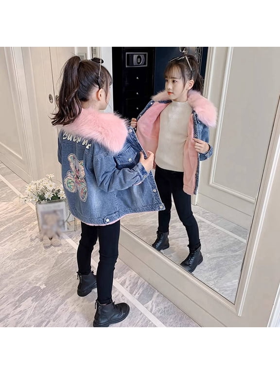 Girls Denim Sherpa Lined Jacket, Plush Fluffy Collar Warm Winter Coat with Sequins Embroidery for 4‑14Y