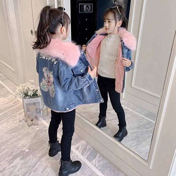 Usaibhir Girls Denim Sherpa Lined Jacket, Plush Fluffy Collar Warm Winter Coat with Sequins Embroidery for 4‑14Y