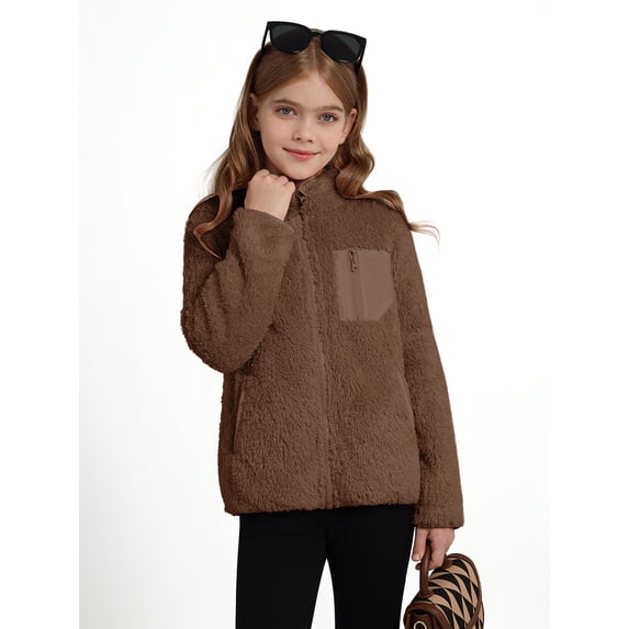 Usaibhir Girls Fleece Jacket Sherpa Fall Winter Full Zip Fuzzy Coat Outwear with Pockets 5-14T