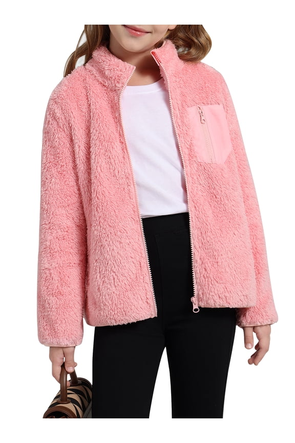 Girls Fleece Jacket Sherpa Fall Winter Full Zip Fuzzy Coat Outwear with Pockets 5-14T